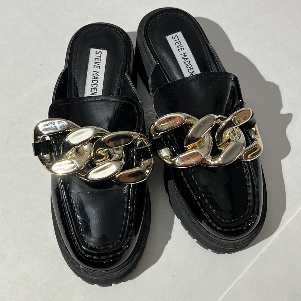 Steve Madden Miri vegan leather platform mega-chain slip-on lug sole mules sz 6